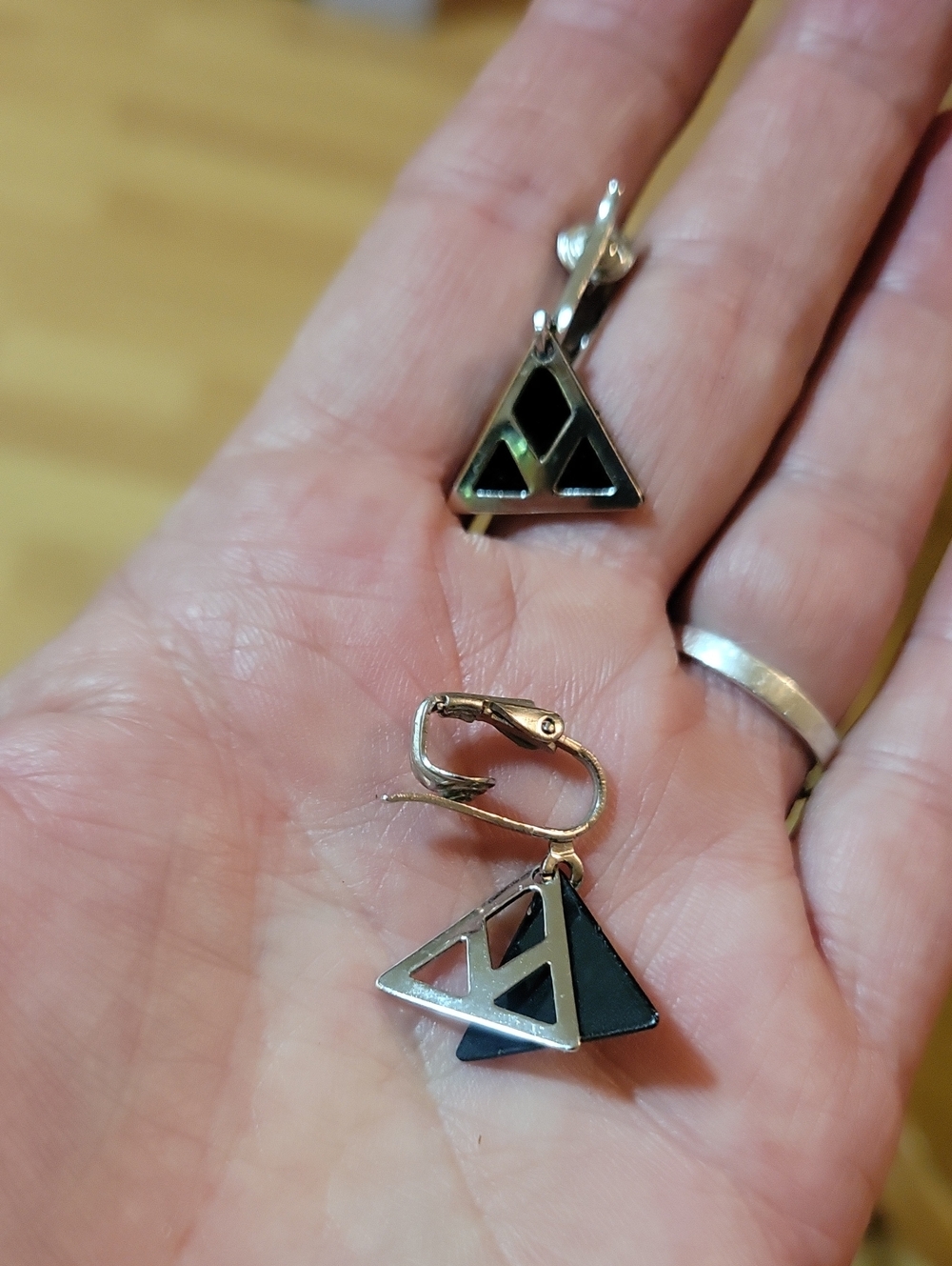 Modern Geometric Black and Silver Triangle Drop Clip on Earrings